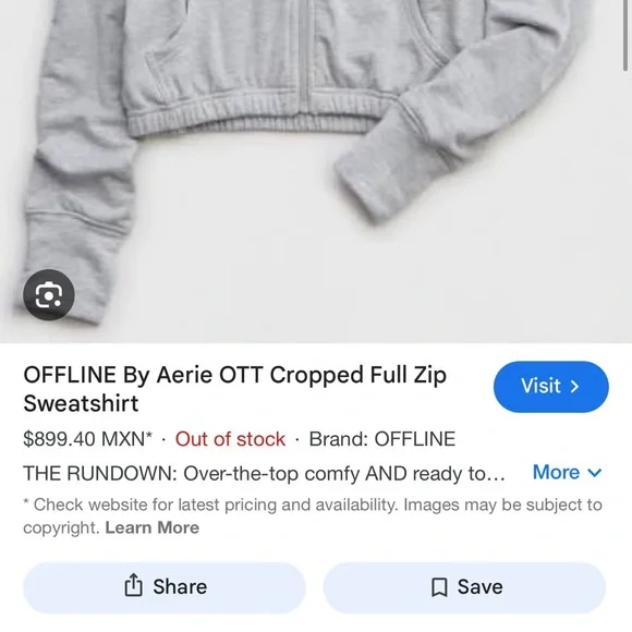 OFFLINE By Aerie OTT Cropped Full Zip Jacket Grey Sweatshirt Large - Picture 6 of 6